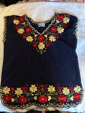 Navy Embroidered Floral Tunic with Red & Gold Flowers